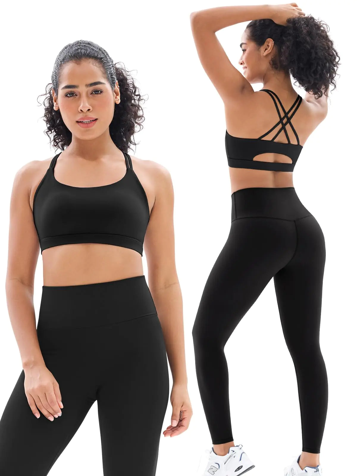 2 Piece Workout Sets for Women Strappy Criss Cross Sports Bra with Tummy Control Yoga Leggings Yoga Set(Y83M-Black)