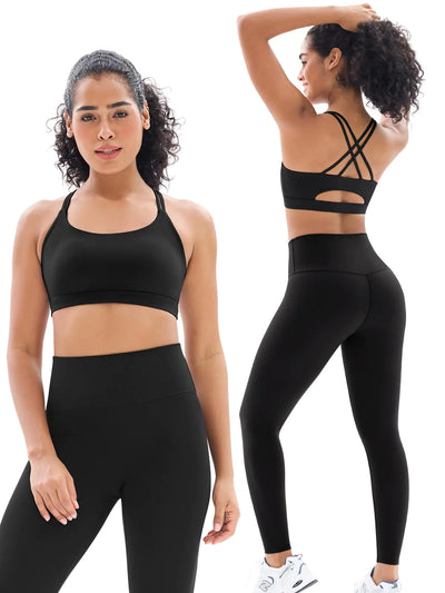 2 Piece Workout Sets for Women Strappy Criss Cross Sports Bra with Tummy Control Yoga Leggings Yoga Set(Y83M-Black)