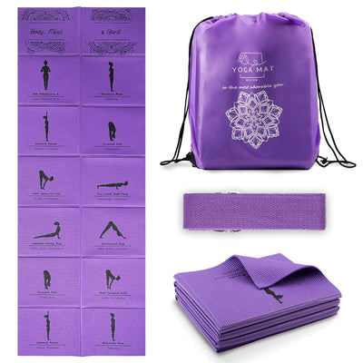 Foldable Yoga Mat for Women Non Slip Exercise Mat for Home Gym 5mm Travel Yoga Mats Set With Stretch Strap for Yoga Pilates and Fitness 68"L x 24"W x 0.2 Inch Thick