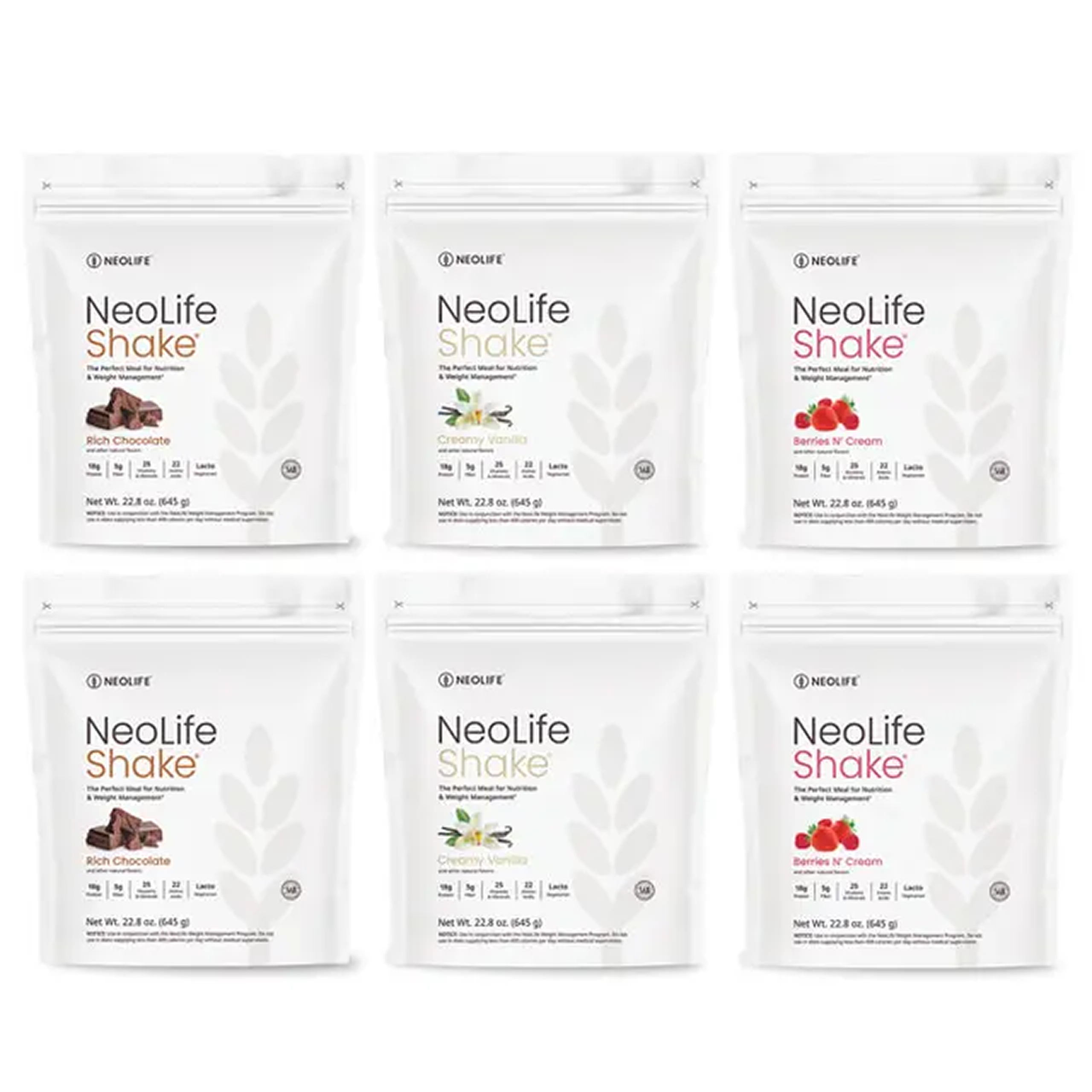 Six packages of Neolife Shake on a white background