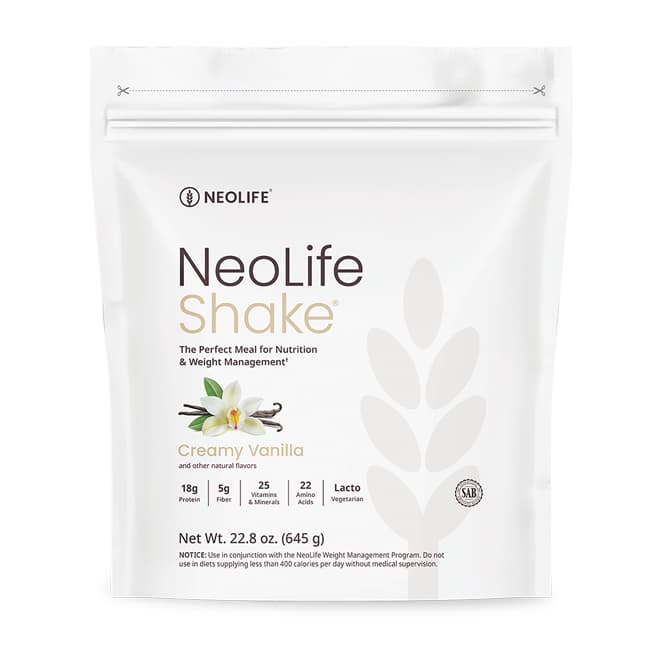 Neolife Shake package with vanilla flavor on a white background