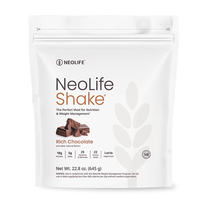 Neolife Shake package for rich chocolate flavor on a white background