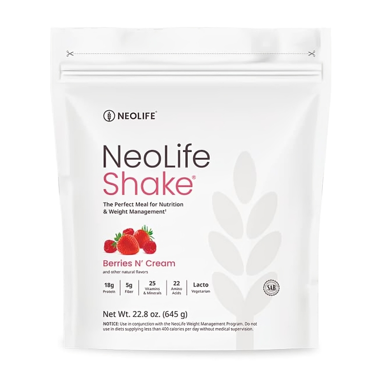 Neolife Shake package with berries and cream flavor on a white background